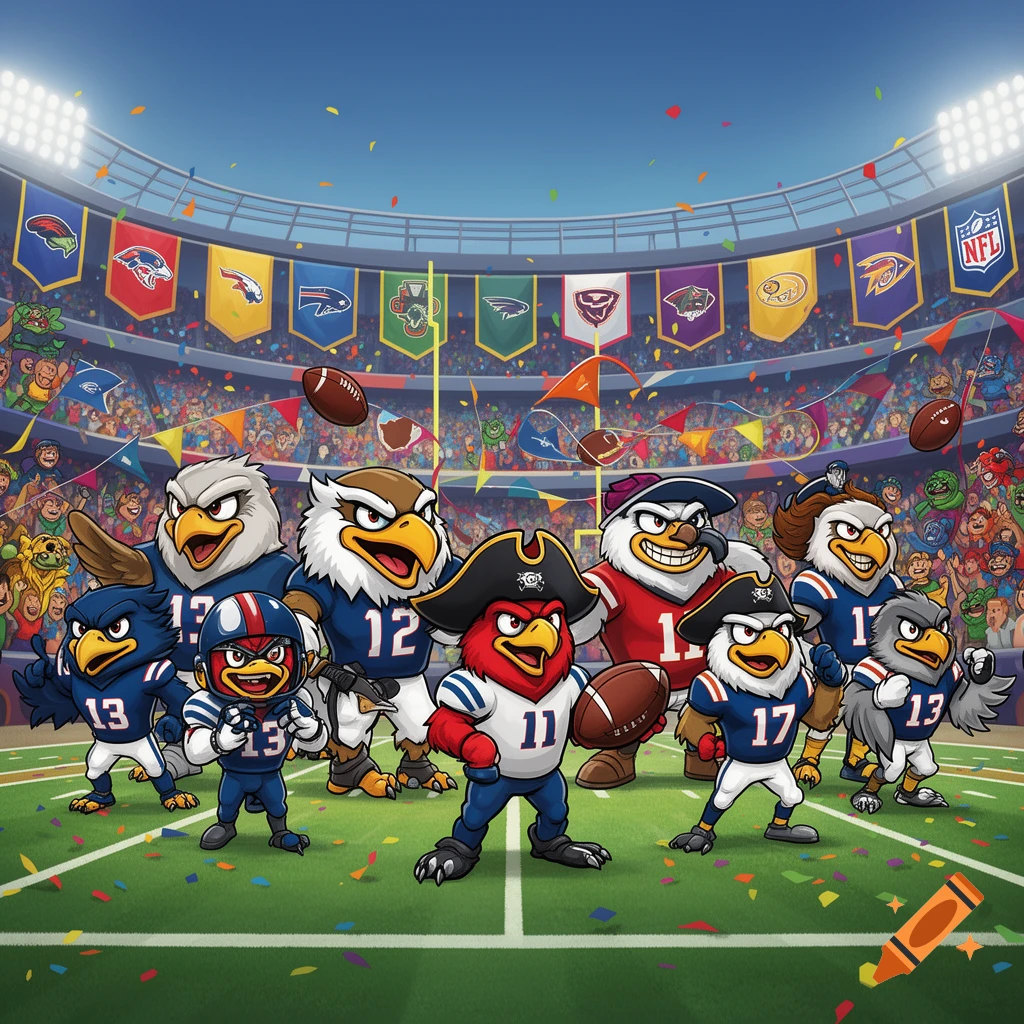 Cartoon NFL mascots in football uniforms pose on a football field in a stadium filled with fans, banners, and confetti.