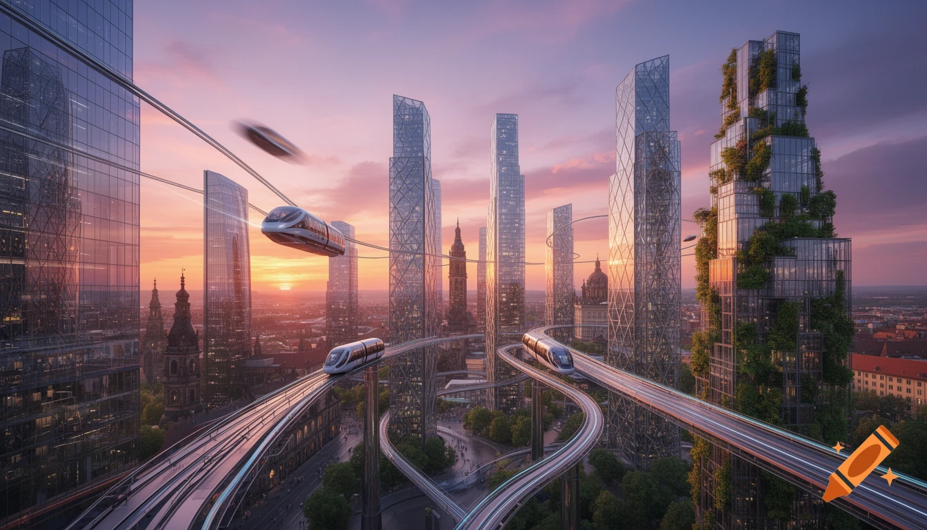Photorealistic image of a futuristic city at sunset with modern glass buildings, elevated tracks, and flying trams.