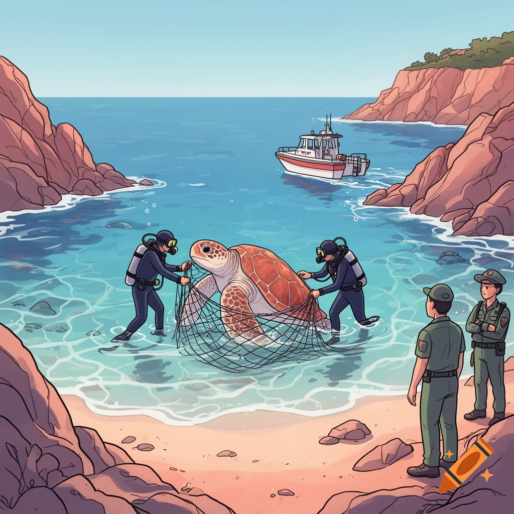 Comic-style illustration of two divers in shallow water freeing a large sea turtle from a net, with rangers on the rocky shore and a boat in a coastal cove.