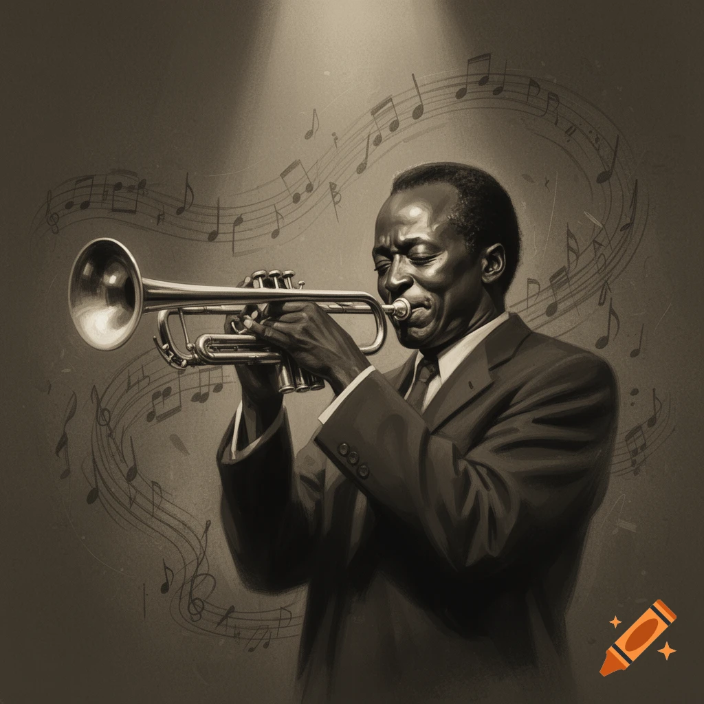 Sepia-toned drawing of a man, likely Miles Davis, playing a trumpet under a spotlight with musical notes.