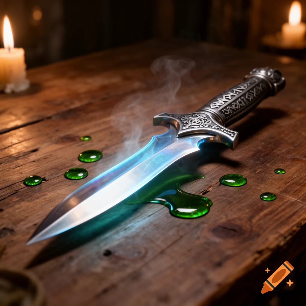 A detailed magical dagger with a glowing blue blade and green venom spilled on a wooden table, with candles in the background.