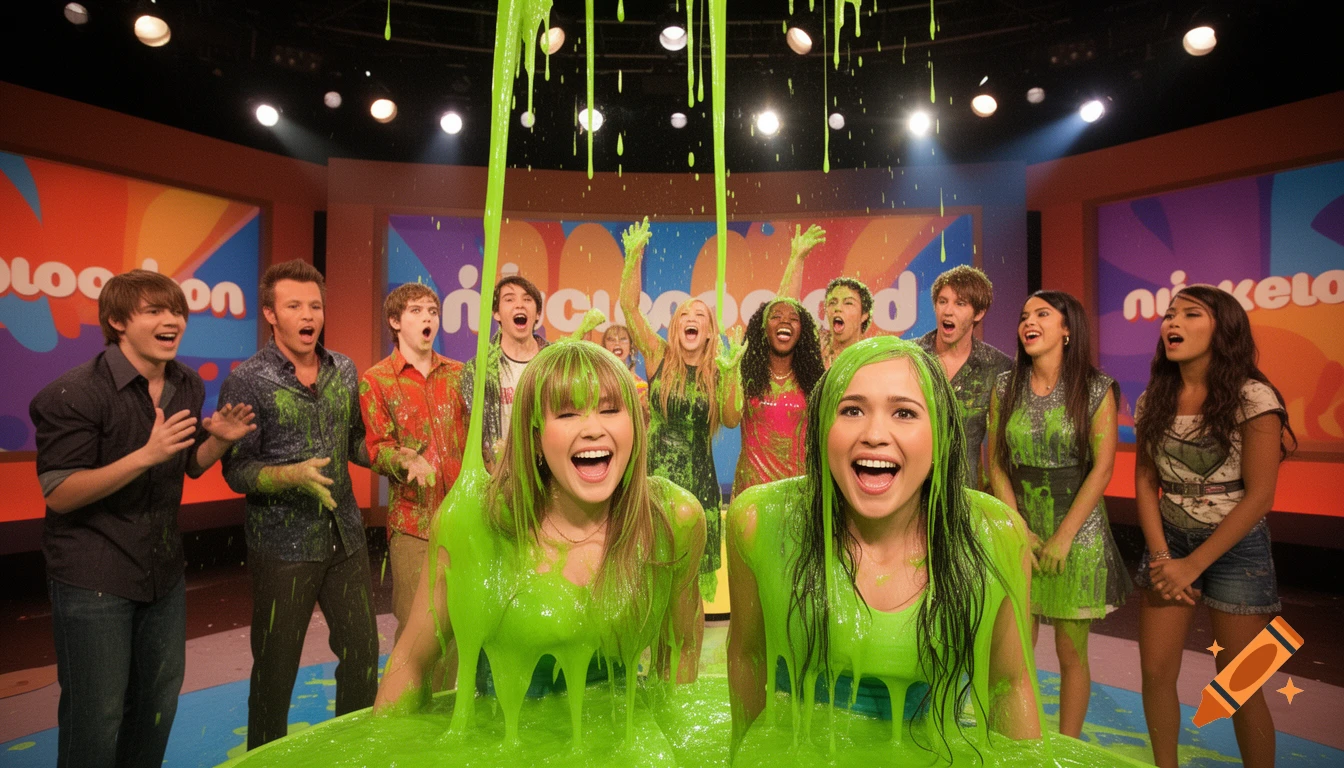 Excited young actors on a colorful TV studio stage are showered with bright green slime during a photorealistic Nickelodeon promo.