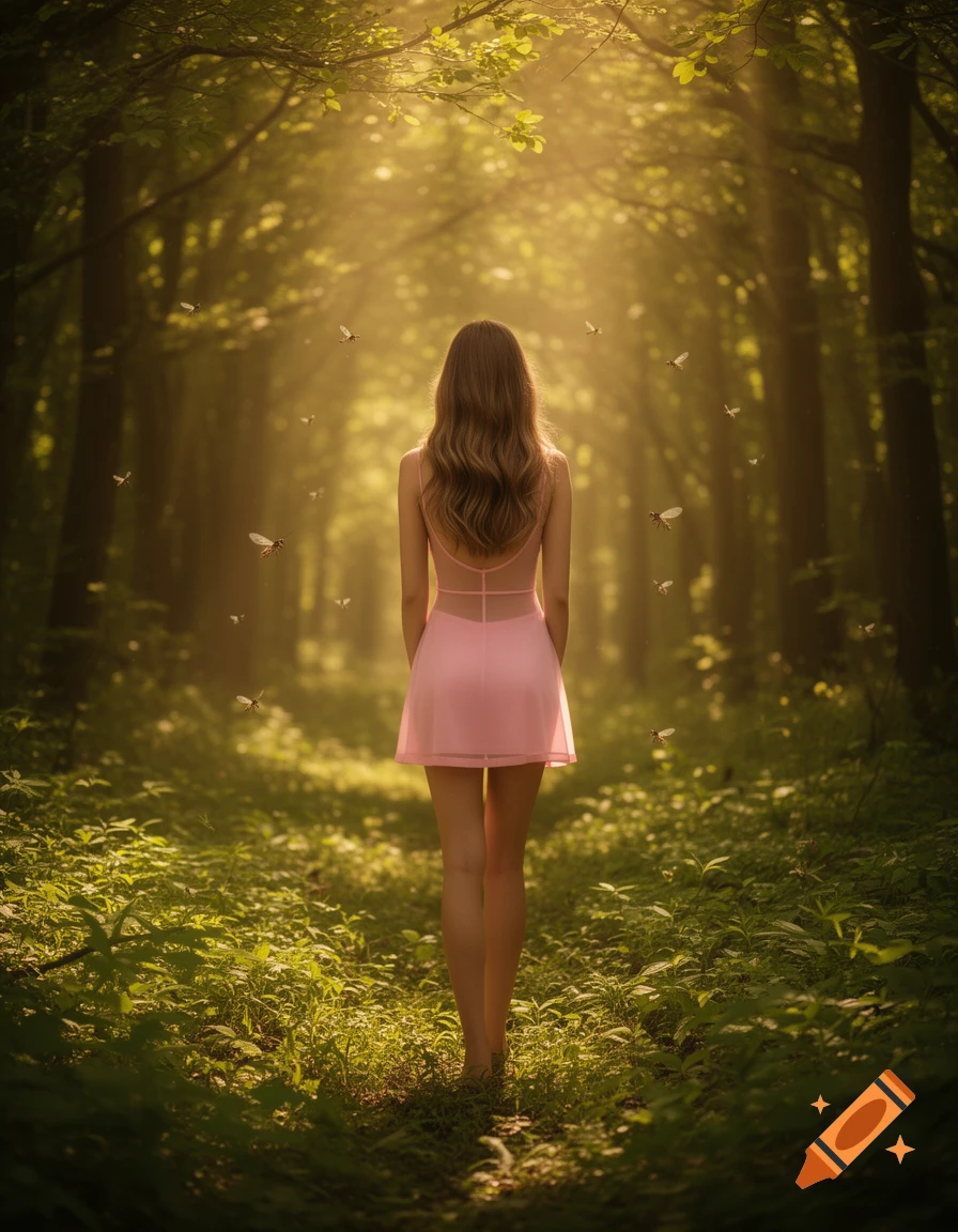 A woman in a pink dress stands facing away in a sun-drenched, magical forest with floating insects.