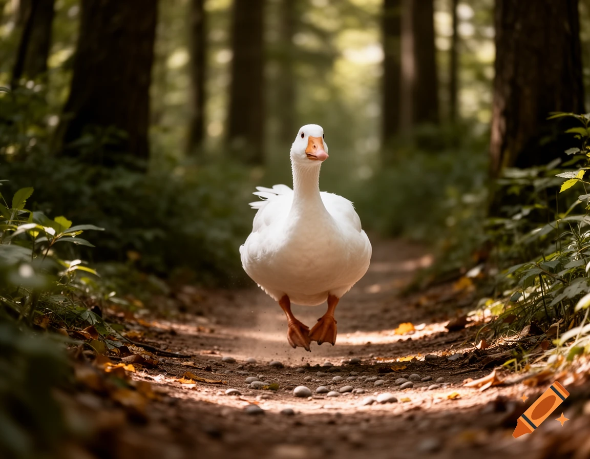 A white goose appears to float or run quickly above a sunlit forest path, looking directly forward.