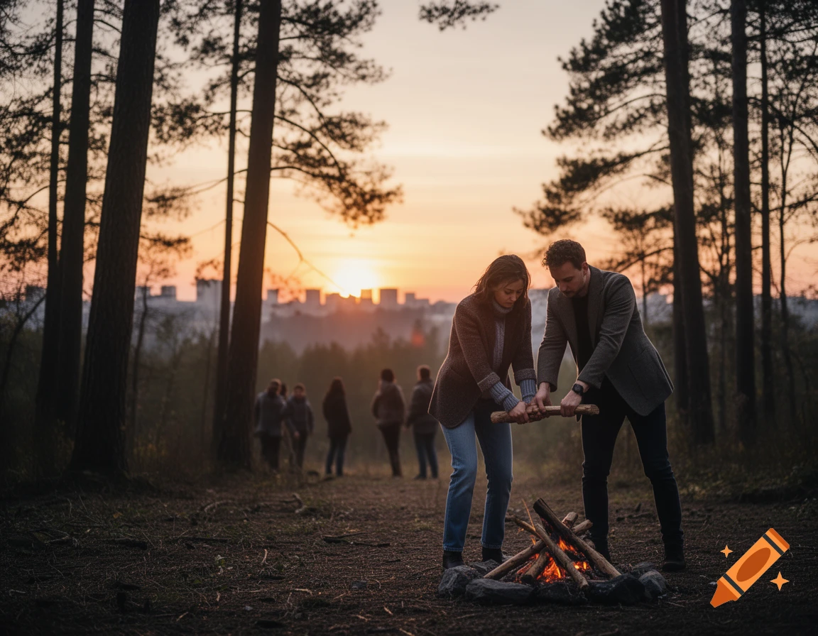 Two people start a fire by friction in a forest at sunset, with a city skyline in the distance and other people blurred in the background.