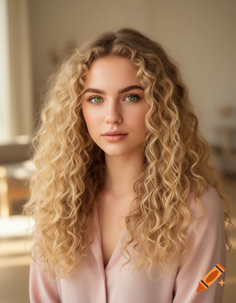 Photorealistic portrait of a young woman with long curly blonde hair, green eyes, and a pink blouse.