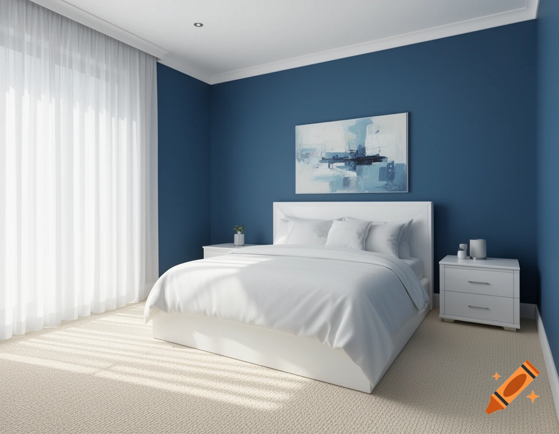 A modern bedroom with deep blue walls, a white bed, two white nightstands, and a large window with sheer curtains.
