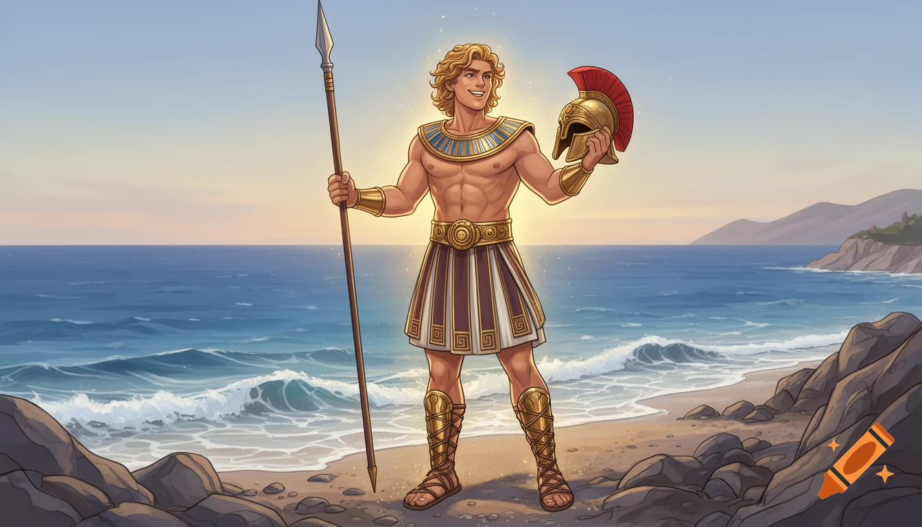 An illustration of a handsome man in ancient Greek armor with a spear and helmet, standing on a rocky beach.