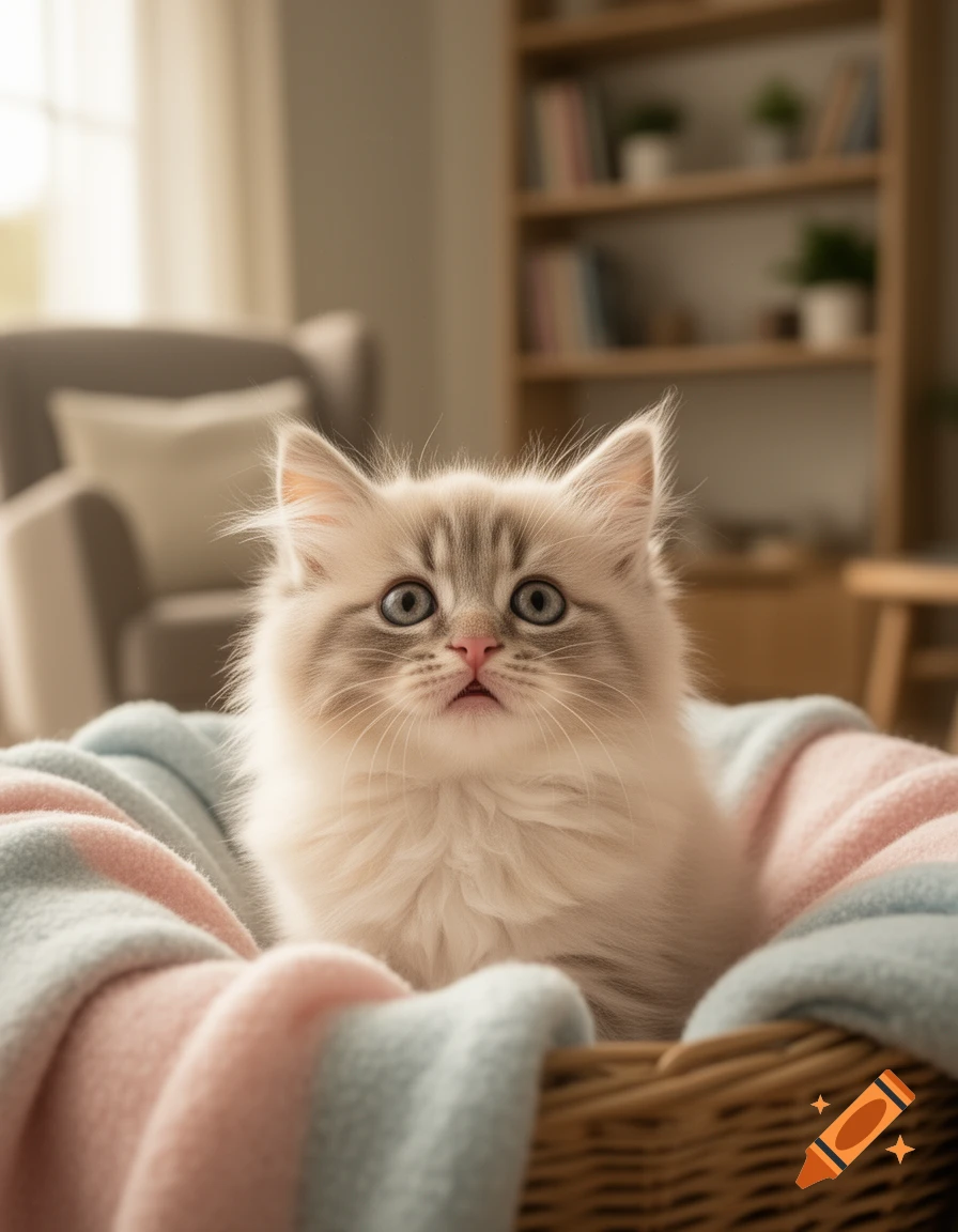 A fluffy white and grey kitten with blue eyes sits in a wicker basket with pink and blue blankets, looking up.