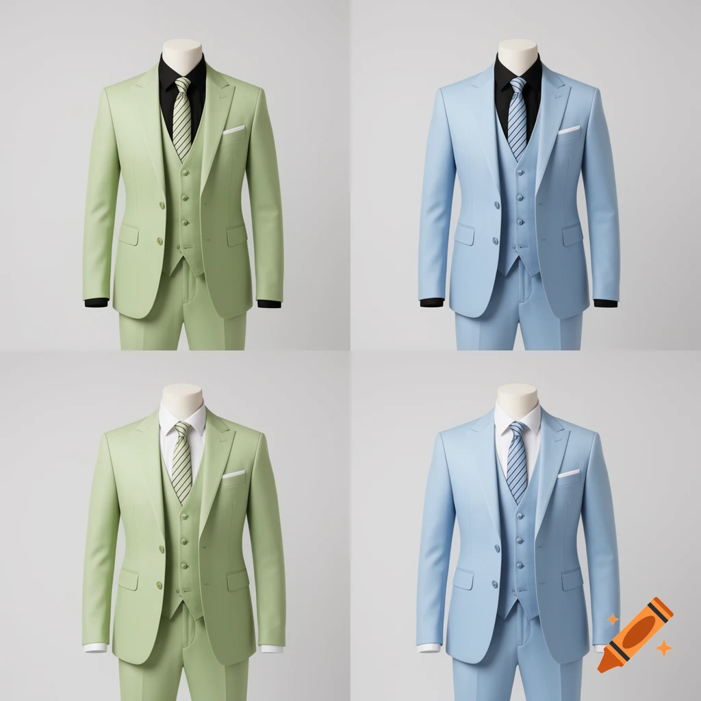 Four male torso mannequins in a 2x2 grid, wearing pastel green and blue suits with black or white shirts, striped ties, and pocket squares in a studio.