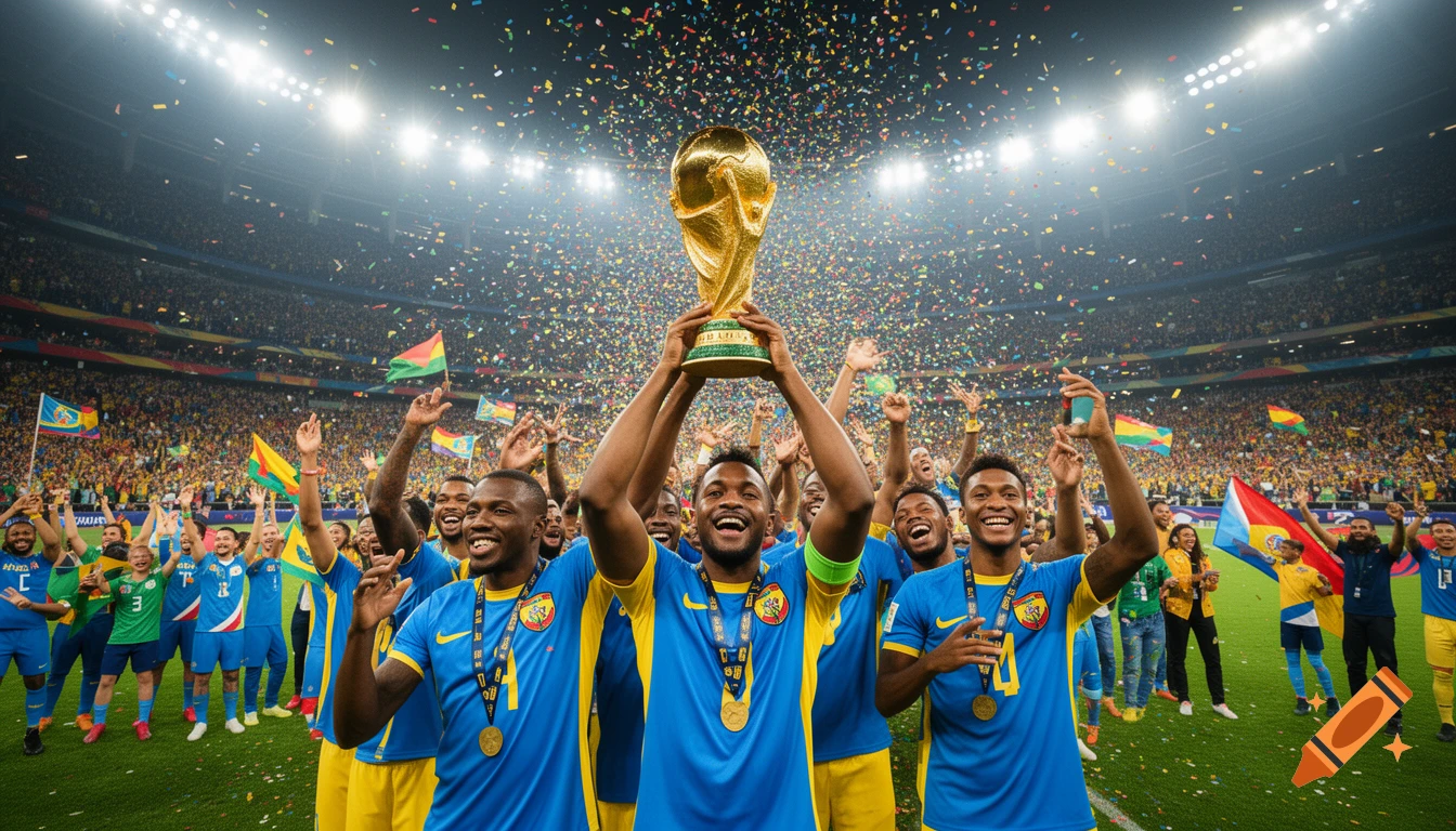 Soccer players in blue and yellow uniforms lift a golden trophy in a confetti-filled stadium as fans cheer.