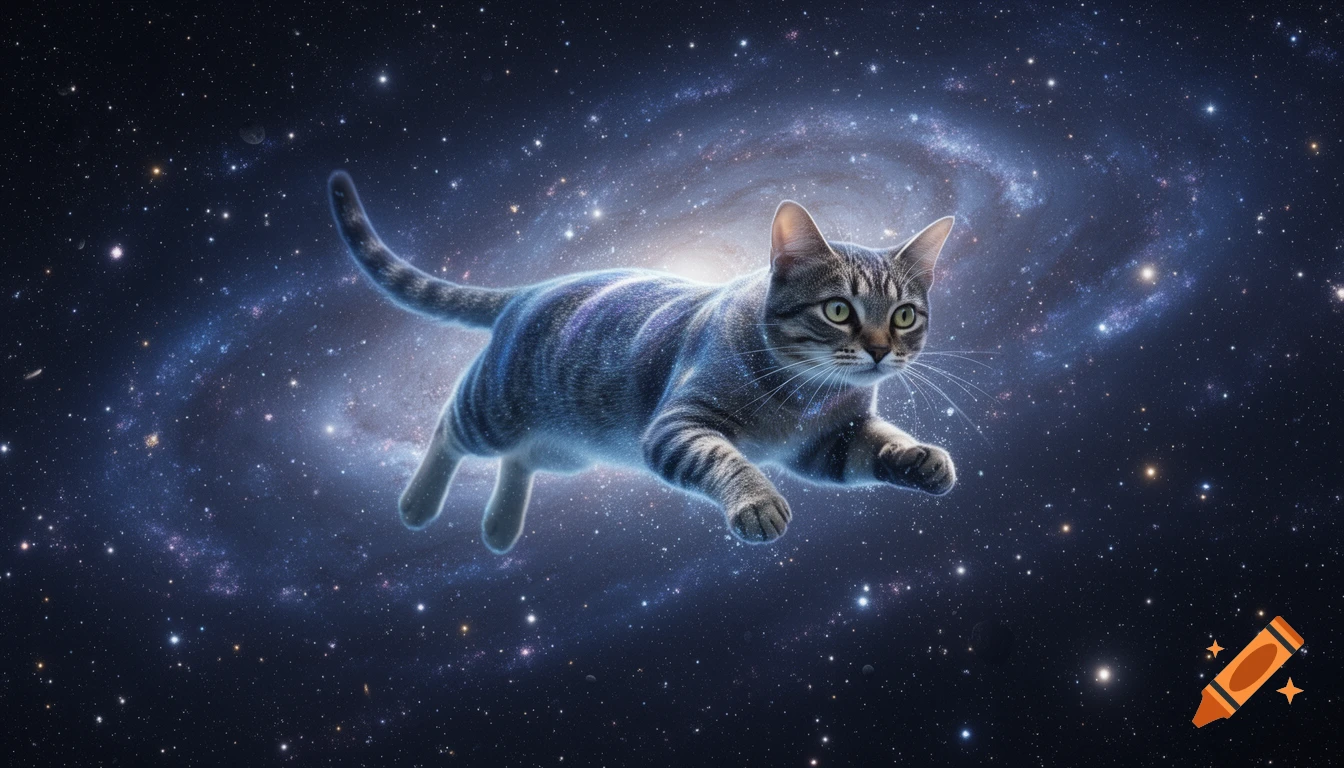 A tabby cat with glowing fur floats gracefully across a vibrant blue and purple galaxy filled with stars.
