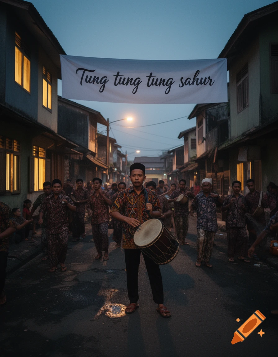 Young man in traditional clothing holds a drum, leading a group on a street under a 'Tung tung tung sahur' banner at dusk. Photorealistic.