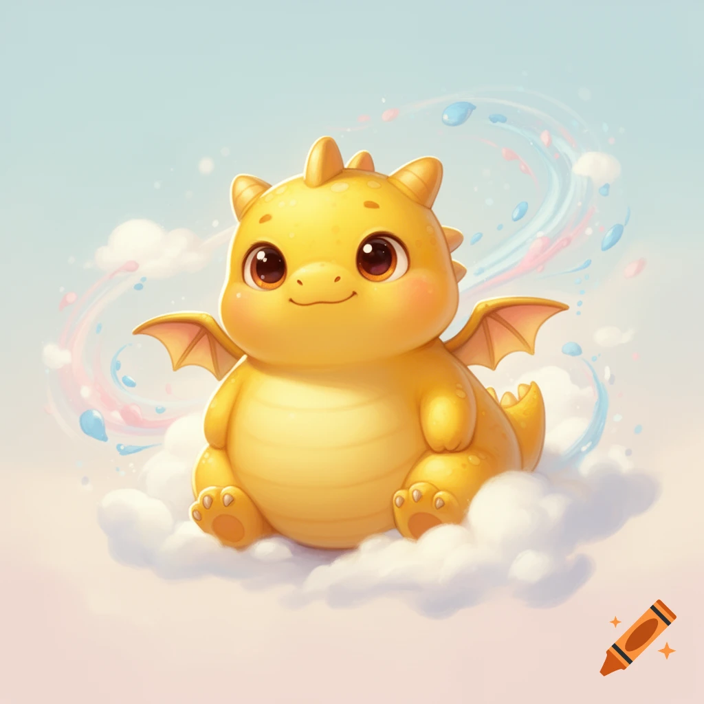 A cute, chubby yellow baby dragon with big eyes and tiny wings sitting on fluffy white clouds in a cartoon style.