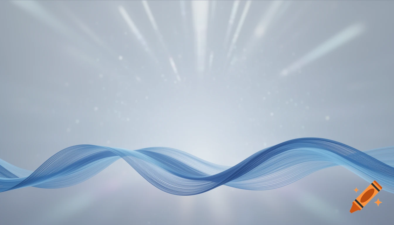 Abstract light blue and dark blue wavy lines on a light grey background with subtle light rays and particles.