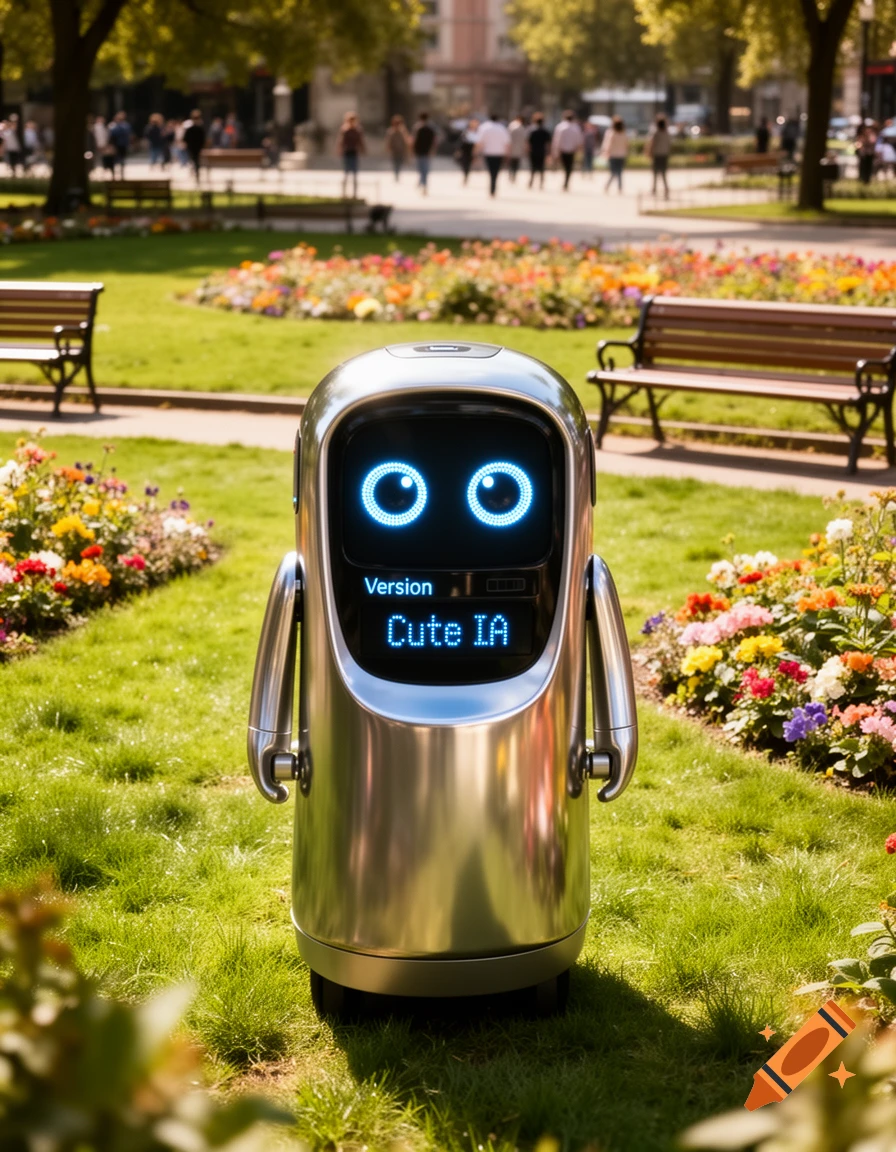 A shiny silver robot with glowing blue eyes and screen displaying 'Version Cute IA' stands in a sunny park with flowers and people in the background.