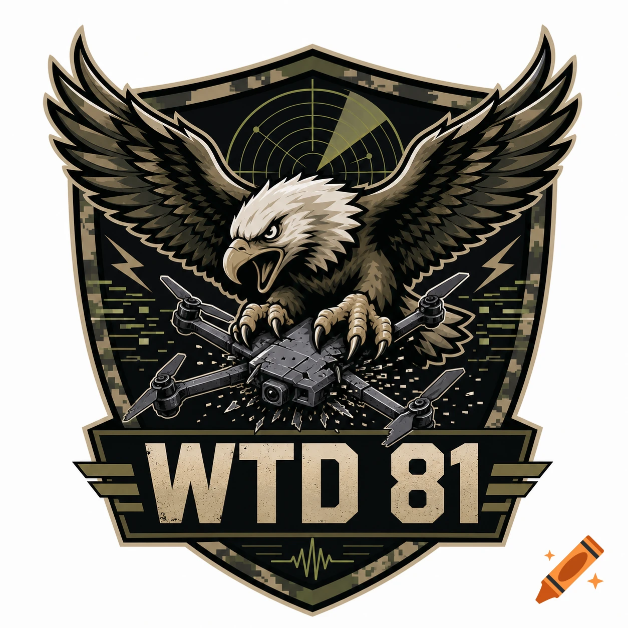 High-contrast military crest with a stylized eagle crushing a drone, radar, camouflage, and "WTD 81" text in vector art.