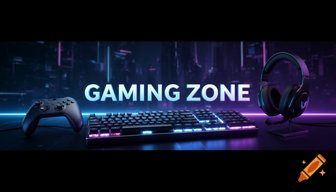 Gaming setup with a controller, mechanical keyboard, headset, and 'GAMING ZONE' text, lit by neon blue and purple light in a futuristic setting.