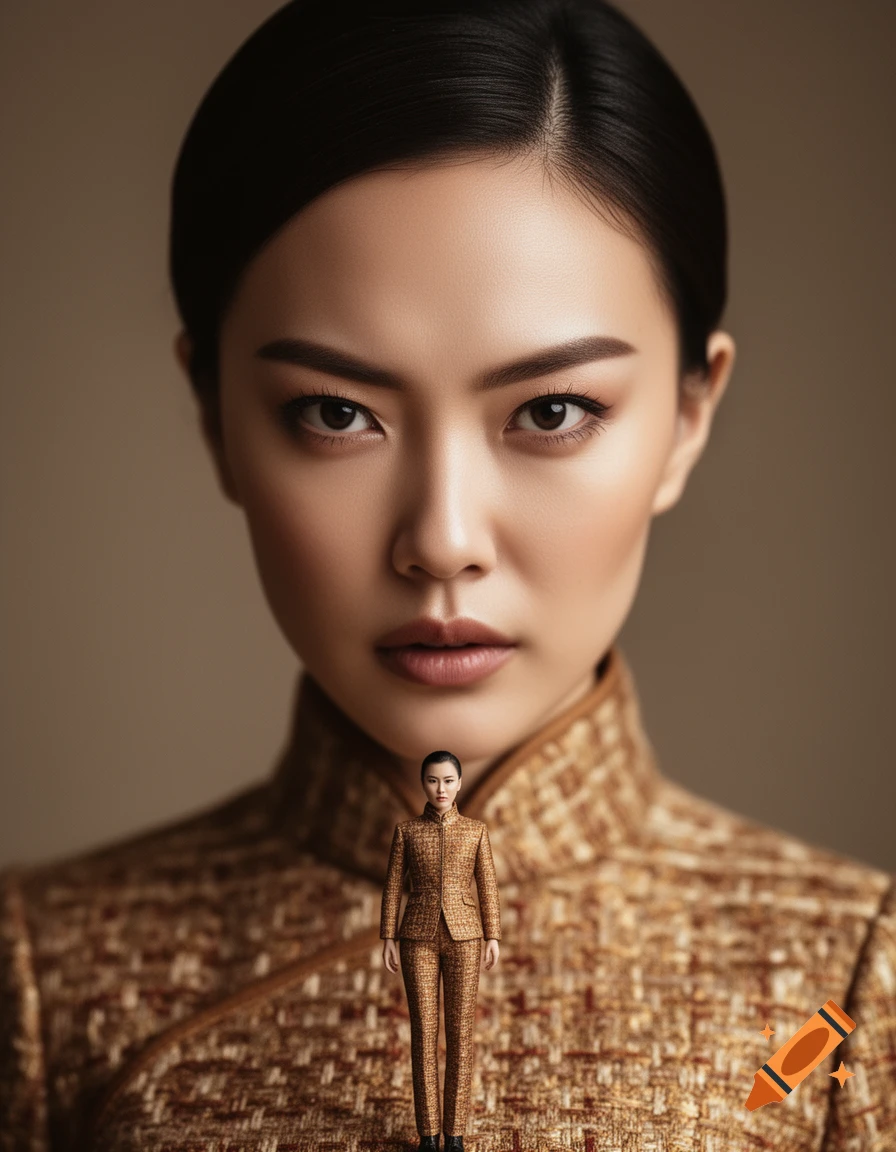 A close-up, low-angle photo of a fierce-looking Asian woman in a textured suit, holding a miniature version of herself.