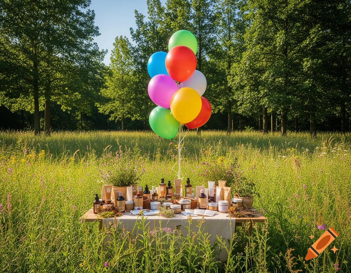 A scenic outdoor shot of a table laden with cosmetic products and colorful balloons in a sunlit wildflower meadow.