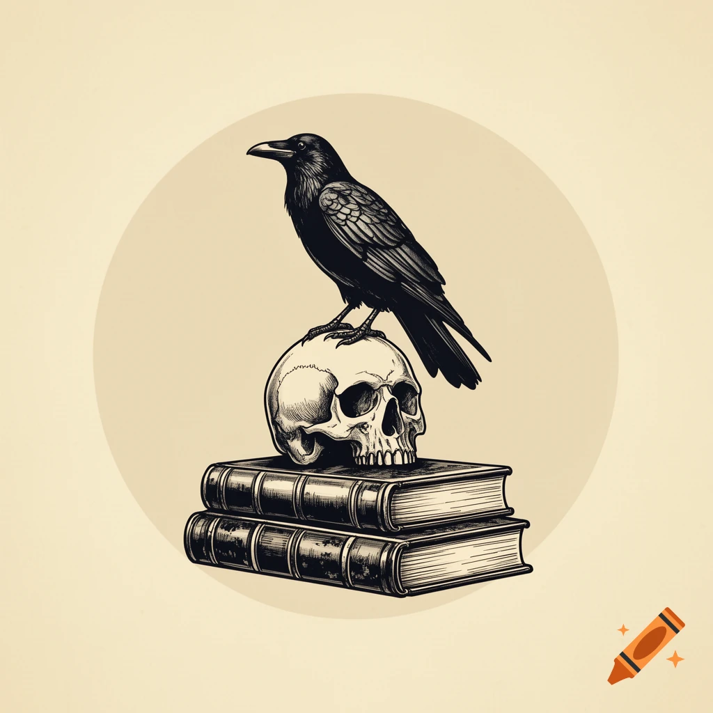 Minimalist vintage engraving of a black raven on a skull atop old books, circular parchment background.