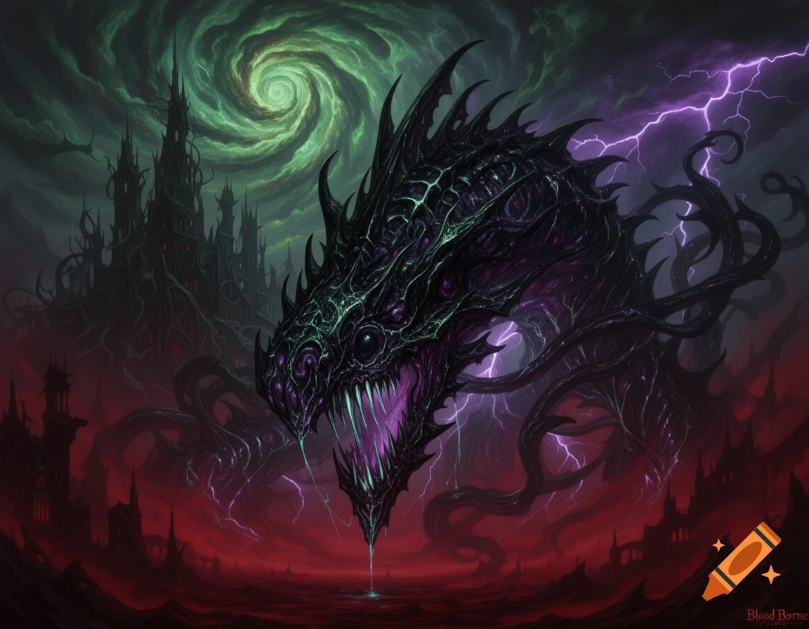 A monstrous, dark, spiky creature with glowing purple features and sharp teeth, towering over a shadowy castle against a stormy green swirling sky with purple lightning.