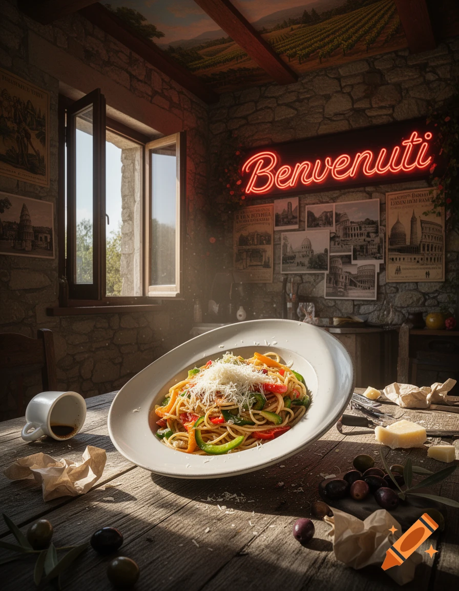 A photorealistic scene in an Italian restaurant with a floating plate of spaghetti covered in cheese on a wooden table, next to olives and an overturned coffee cup. A neon sign above reads "Benvenuti".