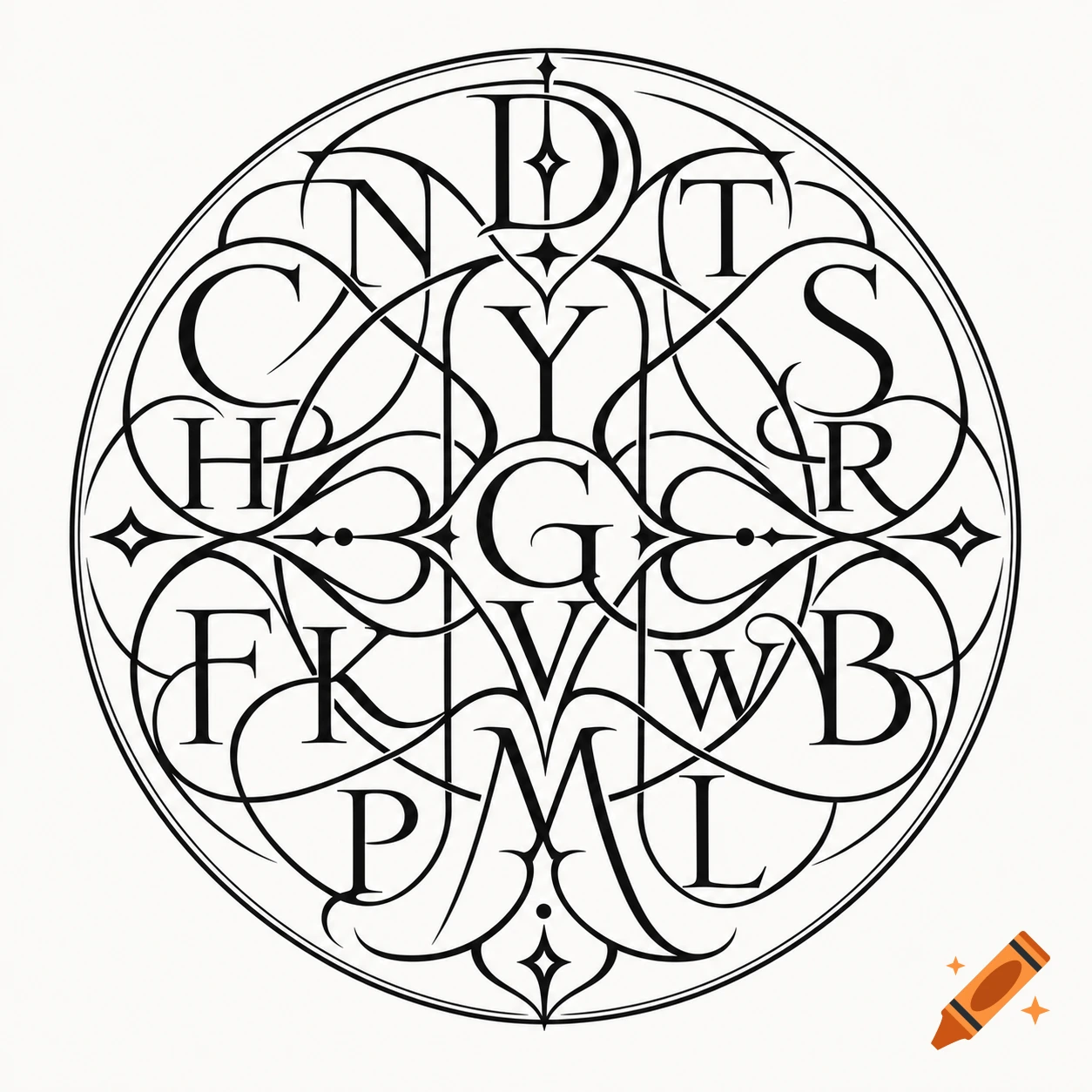 A black and white circular sigil design composed of intricately interwoven capital letters, forming a decorative symbol.