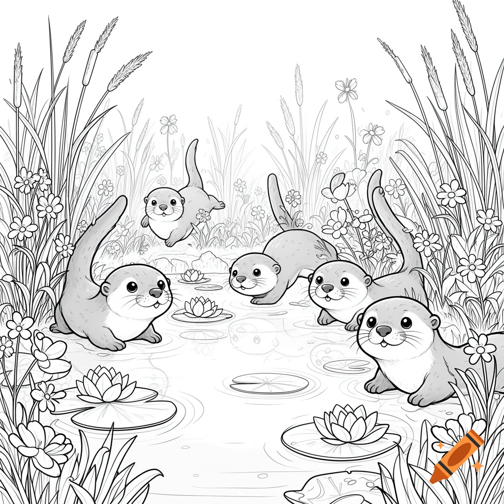 Line art coloring page showing five cute otters playing in a pond with lily pads and tall grasses.