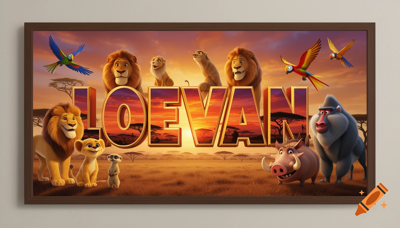 3D letters spelling LOEVAN, filled with a sunset savanna landscape, surrounded by cartoon lions, a meerkat, a warthog, a baboon, and parrots.