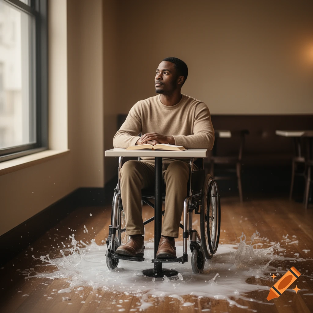 Dark-skinned man in a wheelchair looking out a window in a room with white liquid splashing on a wooden floor.