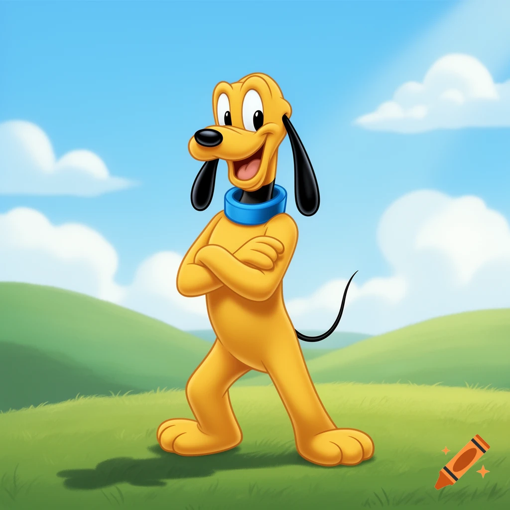 Pluto the dog with arms crossed, standing in a green field under a blue sky with clouds in a cartoon style.