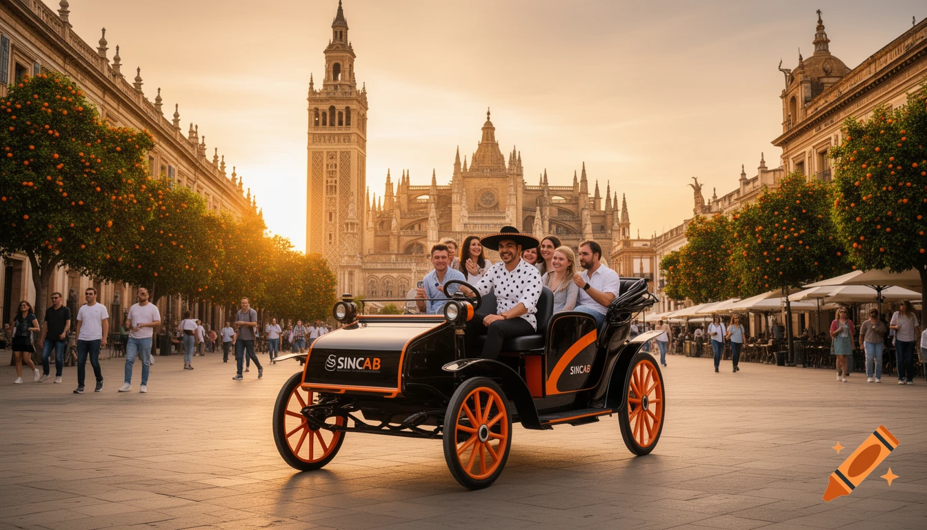 A black and orange electric carriage with tourists drives through a sunny square in Seville, Spain, with the Giralda and Cathedral in the background.