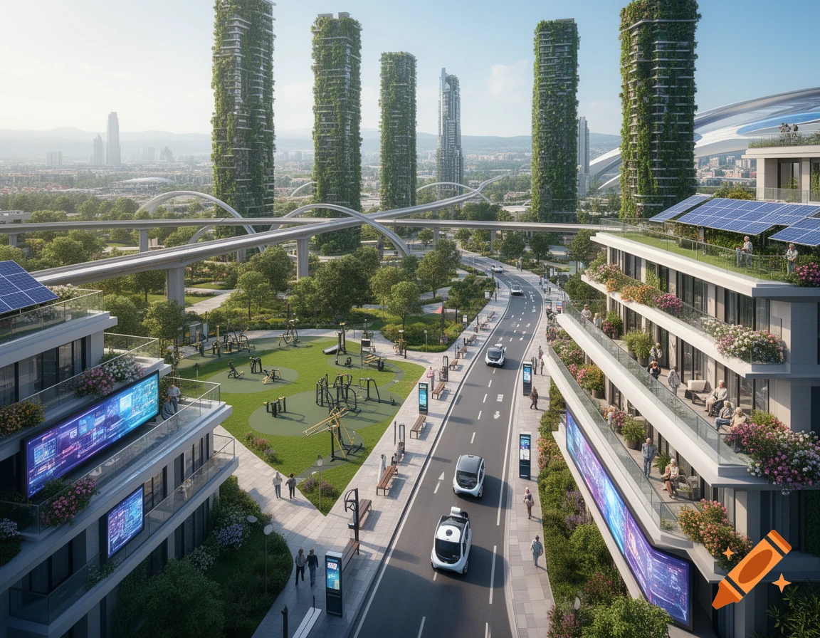 Photorealistic image of a futuristic green city with lush vertical gardens on skyscrapers, modern apartments with solar panels, and a park with outdoor gym equipment. Automated vehicles drive on a winding road, and elevated walkways span the urban landscape.