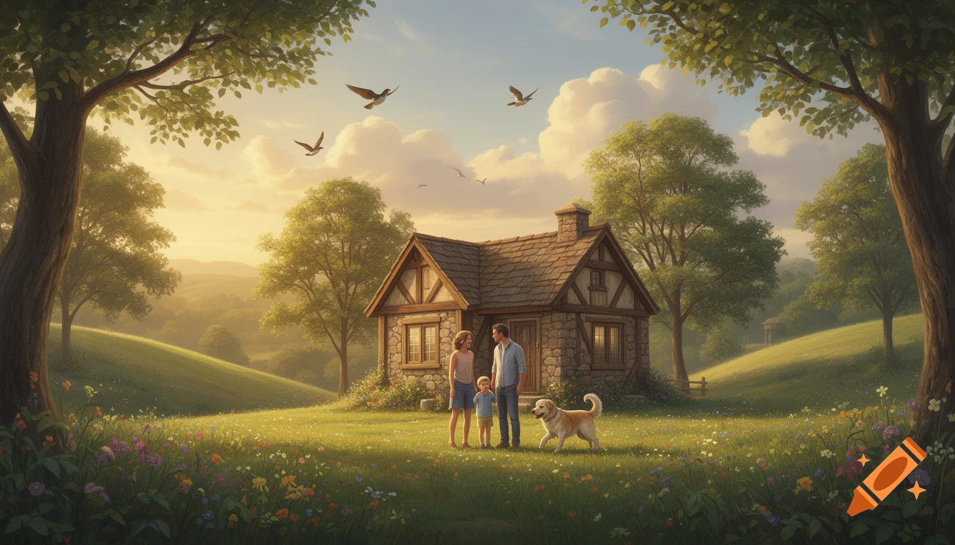 A family with a child and a dog stand in front of a rustic stone house in a peaceful countryside landscape at sunset, digital painting.