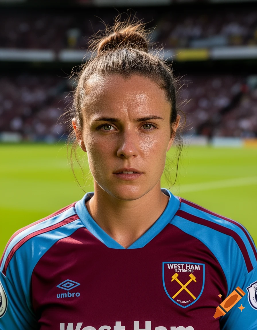 A close-up, photorealistic portrait of a female soccer player in a maroon and light blue West Ham United jersey, her hair in a bun, looking directly at the viewer with a serious expression, with a blurred stadium background.