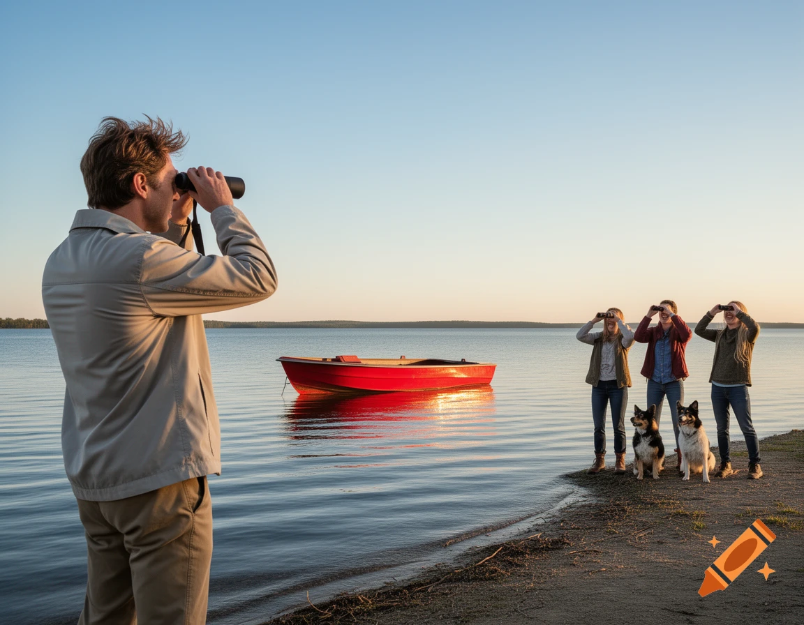 A man with binoculars by a lake; three people and two dogs pretend to use binoculars on the shore near a red boat.