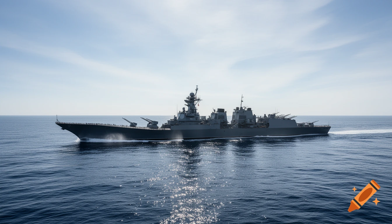 A long grey warship sails across a calm blue ocean under a clear sky, leaving a white wake.