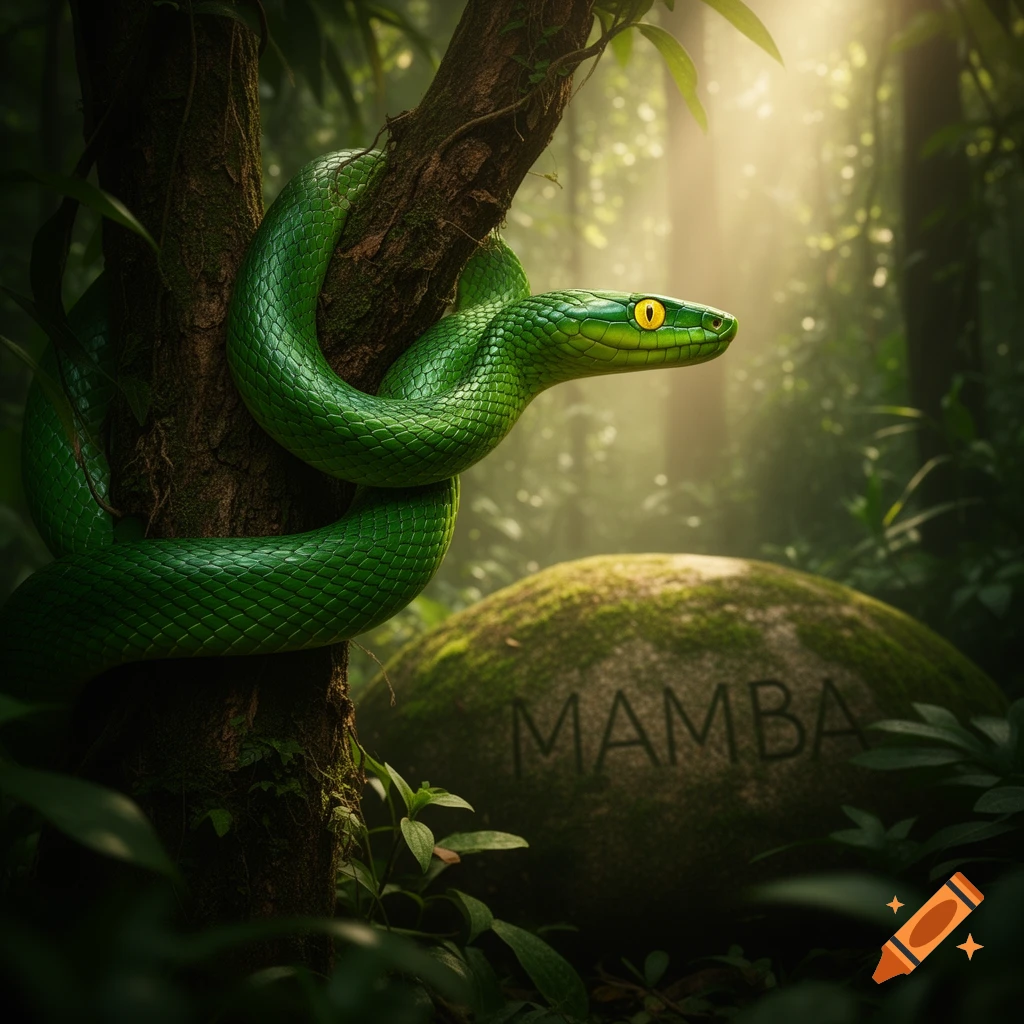 A vibrant green mamba snake coiled around a tree branch in a sunlit jungle, with 'MAMBA' carved into a mossy rock.
