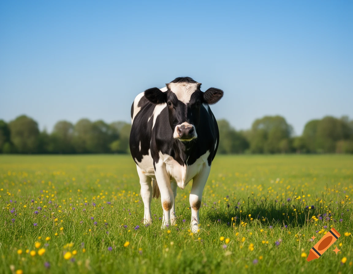 A black and white cow stands in a vibrant green field filled with yellow and purple wildflowers under a clear blue sky, photorealistic.