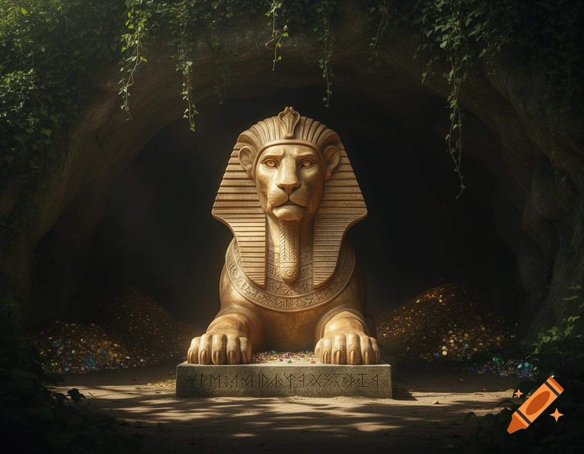 A golden sphinx statue with a pharaoh's headdress guards piles of gleaming treasure within a dark, vine-covered cave entrance.