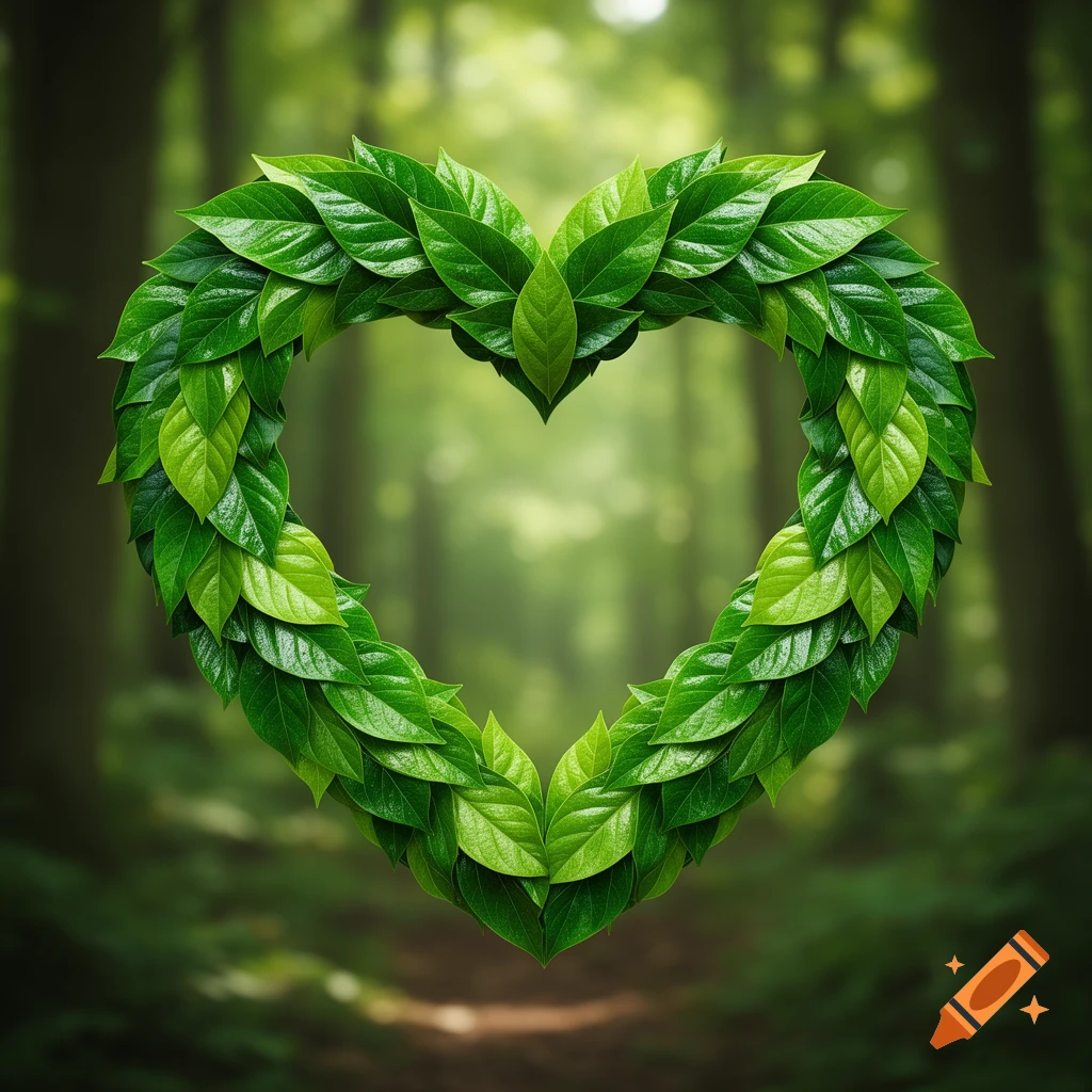 A photorealistic heart shape made of vibrant green leaves, set against a blurred forest background.