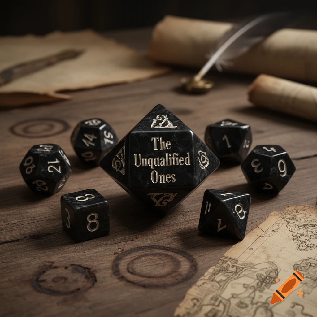 Close-up of black DND dice with silver numbering and text 'The Unqualified Ones' on a wooden table with old maps and a quill.