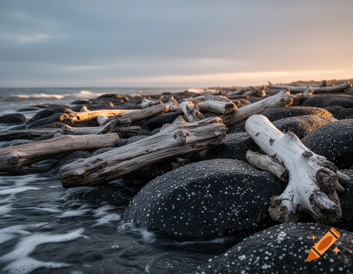 Photorealistic view of driftwood and dark, barnacle-covered rocks on a beach, with waves lapping shore under a sunset sky.