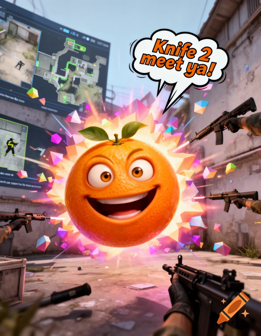 A vibrant 3D animated Annoying Orange character in a CS:GO map, surrounded by guns, with a speech bubble saying 'Knife 2 meet ya!'