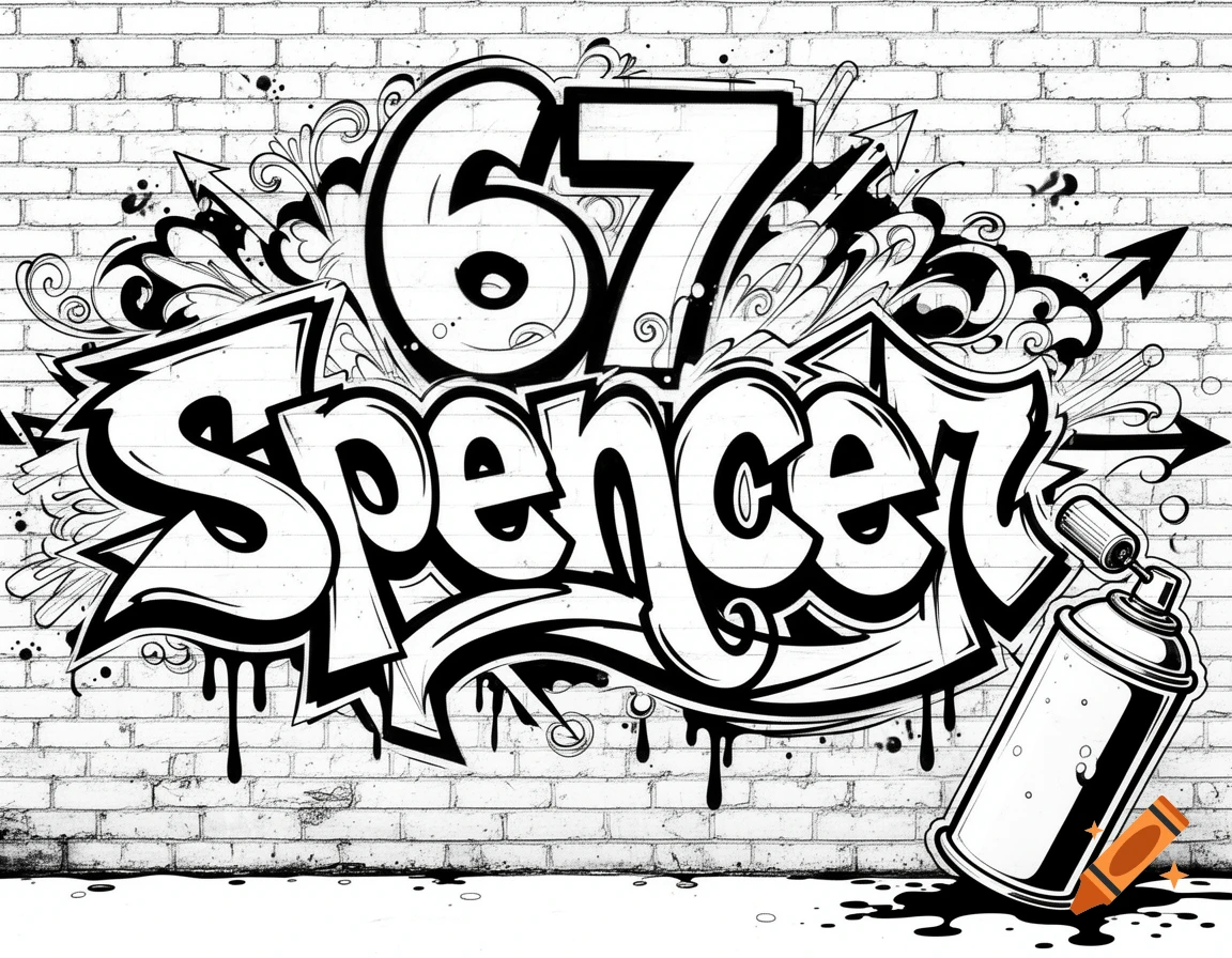 Black and white graffiti art of '67 Spencer' on a brick wall with a spray can, in coloring page style.