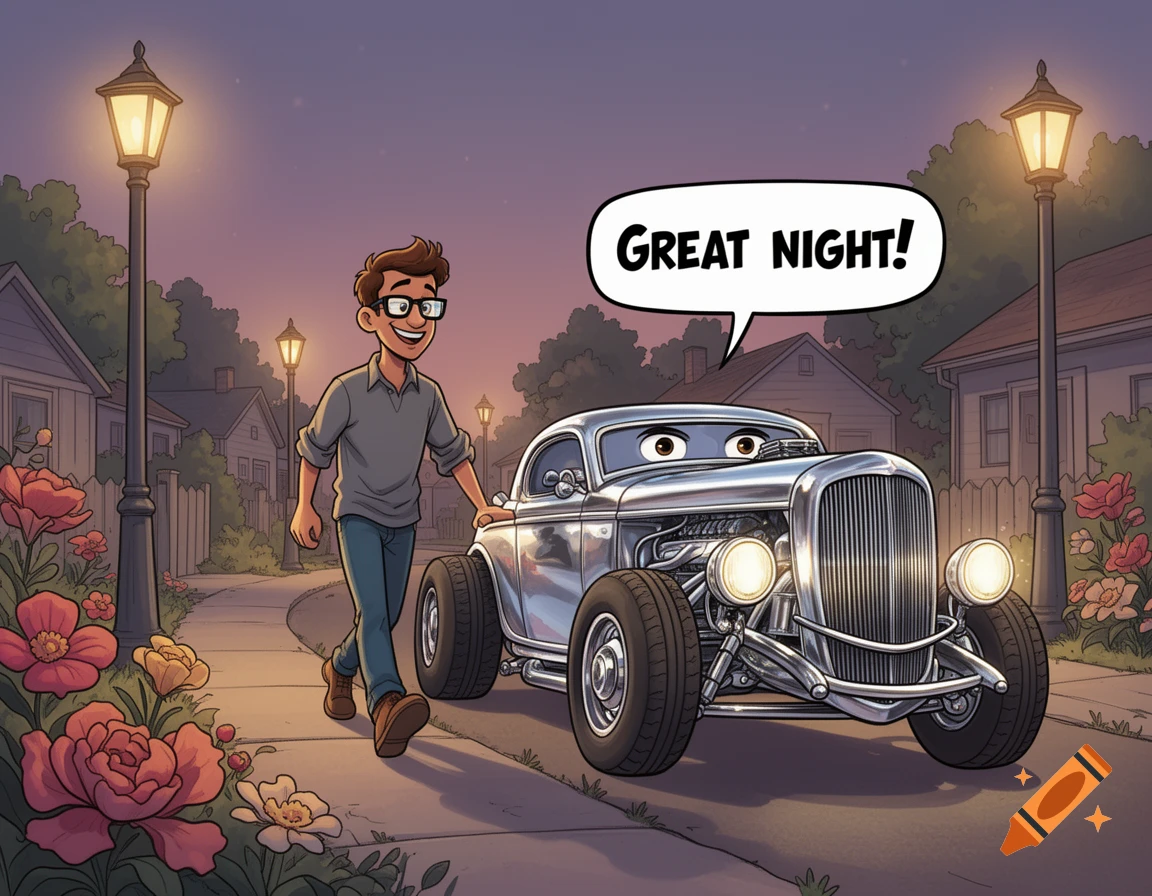 A cartoon man walks a hot rod with eyes down a street at night, with the car exclaiming 'Great Night!'