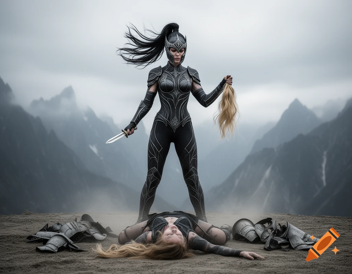 A dominant female warrior in gothic armor holds a knife and a severed blonde ponytail, standing over a defeated warrior on a windswept mountain plateau.