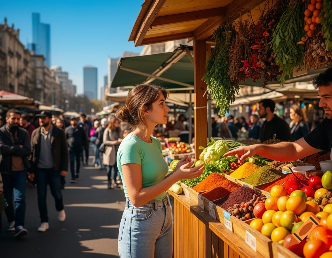 Young woman at a bustling photorealistic street market stall filled with colorful fruits, spices, and dried herbs, with vendors and people in the background.