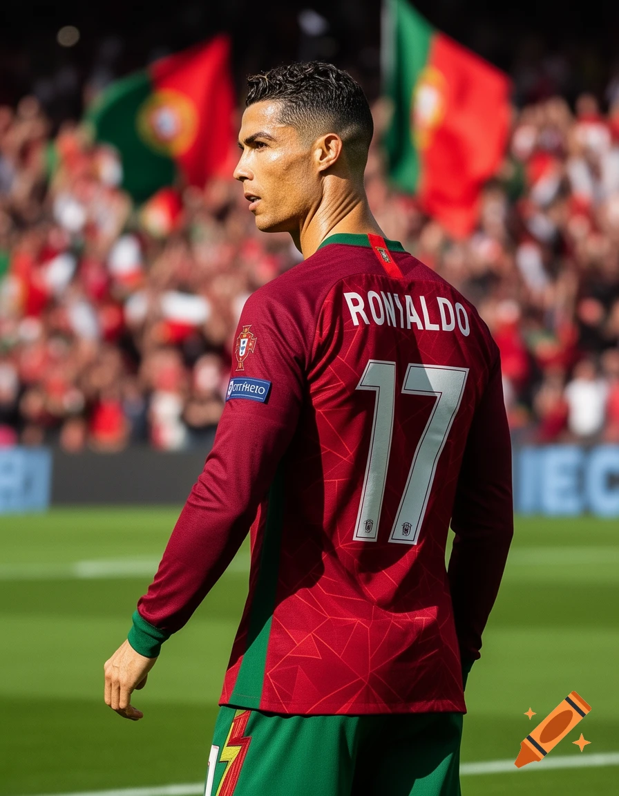 Cristiano Ronaldo in a red Portugal soccer jersey with 'RONALDO' and '17' on the back, looking left on a green field.